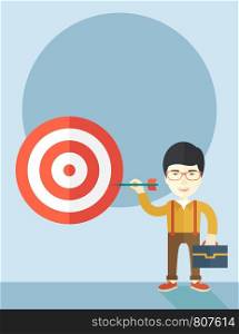 A working chinese man with strategy on how to get his target market sales higher. Market strategy concept. A Contemporary style with pastel palette, soft blue tinted background. Vector flat design illustration. Vertical layout.. Working chinese man holding a target arrow