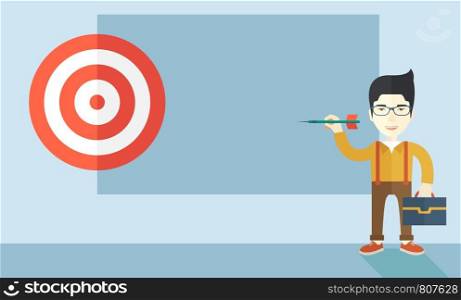 A working chinese man with strategy on how to get his target market sales higher. Market strategy concept. A Contemporary style with pastel palette, soft blue tinted background. Vector flat design illustration. Horizontal layout.. Working chinese man holding a target arrow