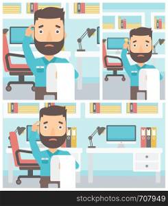 A worried hipster businessman with the beard standing in the office and holding a long bill. Concept of business bankruptcy. Vector flat design illustration. Square, horizontal, vertical layouts.. Businessman with long bill vector illustration.