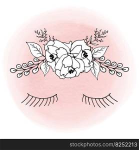 A wreath of peony flowers, leaves, willow twigs and lashes of closed eyes on a pink watercolor background. Spring linear vector illustration for logo, banner and social media posts. A wreath of peony flowers, leaves, willow twigs and lashes of closed eyes on a pink watercolor background. Spring linear vector illustration for logo, banner and social media posts.