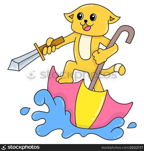 a yellow cat playing pirate holding a sword riding an upside down umbrella boat