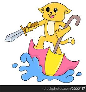 a yellow cat playing pirate holding a sword riding an upside down umbrella boat