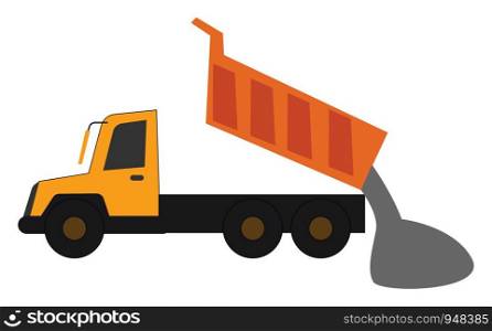A yellow dump truck in operational process, the loaded gravel slides out when the bed is lifted, set isolated on white background viewed from the side, vector, color drawing or illustration.