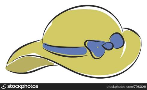 A yellow-green hat for the sea with blue ribbon, vector, color drawing or illustration.