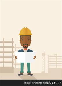A young african-american engineer holding while reviewing the construction plan. A Contemporary style with pastel palette, soft beige tinted background. Vector flat design illustration. Vertical layout with text space on top part.. African-american Construction worker holding the plan.