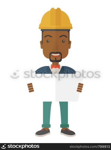 A young african-american engineer holding while reviewing the construction plan. A Contemporary style. Vector flat design illustration isolated white background. Vertical layout.. African-american Construction worker holding the plan.