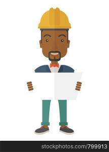 A young african-american engineer holding while reviewing the construction plan. A Contemporary style. Vector flat design illustration isolated white background. Vertical layout.. African-american Construction worker holding the plan.