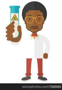 A young african-american scientists experimenting with glass tube. A Contemporary style. Vector flat design illustration isolated white background. Vertical layout. African-american scientists experimenting with glass tube.