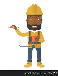 A young african electrician holding a power cable plug. A Contemporary style. Vector flat design illustration isolated white background. Vertical layout.. Afircan Electrician holding power cable plug
