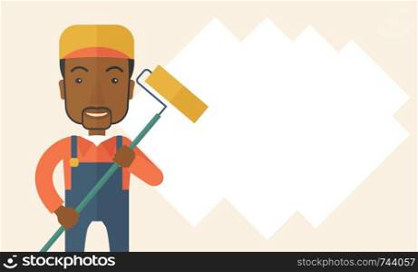 A young african glass cleaner wearing hat holding stick rubber scraper. A Contemporary style. Vector flat design illustration isolated white background. Horizontal layout with text space in right side.. Standing african glass cleaner.