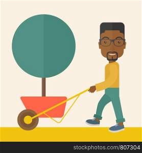 A young african man pushing the cart with green tree. Business growth concept. A Contemporary style with pastel palette, soft beige tinted background. Vector flat design illustration. Square layout.. Young african man pushing the cart with tree.