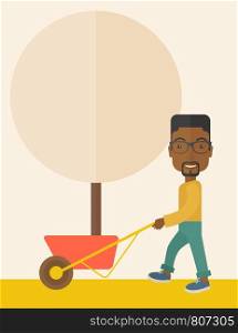 A young african man pushing the cart with green tree. Business growth concept. A Contemporary style with pastel palette, soft beige tinted background. Vector flat design illustration. Vertical layout.. Young african man pushing the cart with tree.