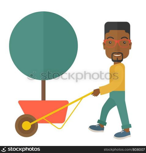 A young african man pushing the cart with green tree. Business growth concept. A Contemporary style. Vector flat design illustration isolated white background. Square layout.. Young african man pushing the cart with tree.