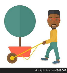 A young african man pushing the cart with green tree. Business growth concept. A Contemporary style. Vector flat design illustration isolated white background. Square layout.. Young african man pushing the cart with tree.
