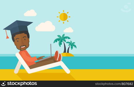 A young african man sitting, wearing graduation cap with laptop on the beach under the sun. A Contemporary style with pastel palette, soft blue tinted background with desaturated clouds. Vector flat design illustration. Horizontal layout with text space in right side.. Man with laptop on the beach