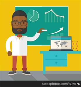 A young african professor holding a chalk sketching a graphs and teaching on how to develop a business worlwide. A Contemporary style with pastel palette, dark yellow tinted background. Vector flat design illustration. Square layout.. African professor holding a chalk.