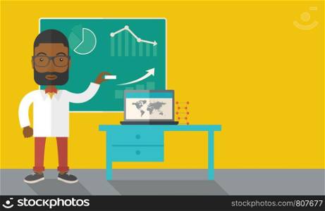 A young african professor holding a chalk sketching a graphs and teaching on how to develop a business worlwide. A Contemporary style with pastel palette, dark yellow tinted background. Vector flat design illustration. Horizontal layout with text space in right side.. African professor holding a chalk.