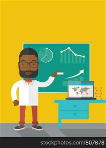 A young african professor holding a chalk sketching a graphs and teaching on how to develop a business worlwide. A Contemporary style with pastel palette, dark yellow tinted background. Vector flat design illustration. Vertical layout with text space on top part.. African professor holding a chalk.
