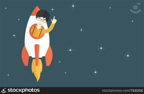 A Young aisan guy inside the rocket on launch of space. Startup concept. A Contemporary style with pastel palette, blue tinted background with stars. Vector flat design illustration. Horizontal layout.. Asian young guy inside the rocket.