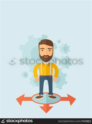 A young and good looking man standing in circle with 3 arrows on the ground, metaphor to starting or beginning to go straight, right or left. New Beginning cocept. A Contemporary style with pastel palette, soft blue tinted background. Vector flat design illustration. Vertical layout with text space on top part. . Young man standing in circle with 3 arrows on the ground.
