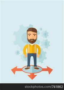 A young and good looking man standing in circle with 3 arrows on the ground, metaphor to starting or beginning to go straight, right or left. New Beginning cocept. A Contemporary style with pastel palette, soft blue tinted background. Vector flat design illustration. Vertical layout with text space on top part. . Young man standing in circle with 3 arrows on the ground.