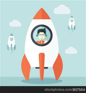 A Young asian guy inside the rocket on launch of space. Startup concept A Contemporary style with pastel palette, soft blue tinted background with desaturated cloud. Vector flat design illustration. Square layout.. Young asian guy in side the rocket.