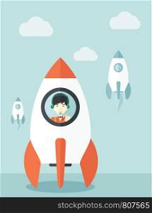 A Young asian guy inside the rocket on launch of space. Startup concept A Contemporary style with pastel palette, soft blue tinted background with desaturated cloud. Vector flat design illustration. Vertical layout. Young asian guy in side the rocket.
