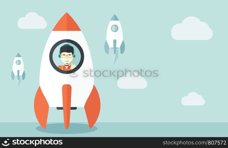 A Young asian guy inside the rocket on launch of space. Startup concept A Contemporary style with pastel palette, soft blue tinted background with desaturated cloud. Vector flat design illustration. Horizontal layout.. Young asian guy in side the rocket.