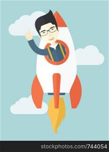 A Young asian guy inside the rocket on launch of space. Startup concept. A Contemporary style with pastel palette, soft blue tinted background with desaturated clouds. Vector flat design illustration. Vertical layout. . Asian young guy inside the rocket.