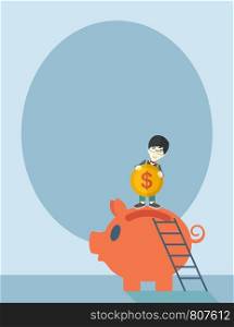 A young asian guy saving his money by putting a coin in big piggy bank using a ladder. Saving concept. A Contemporary style with pastel palette, soft blue tinted background. Vector flat design illustration. Vertical layout.. Big piggy bank with ladder