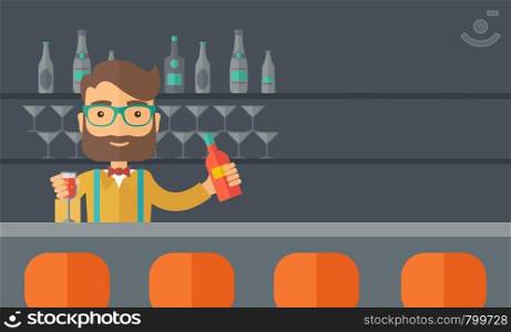 A young bartender preparing a mixed drimks at a bar, several bottles of alcohol and wine glass behind him. A contemporary style with pastel palette black tinted background. Vector flat design illustration. Horizontal layout with text space in right side.. Bartender at the bar holding a drinks.