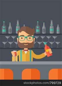 A young bartender preparing a mixed drimks at a bar, several bottles of alcohol and wine glass behind him. A contemporary style with pastel palette black tinted background. Vector flat design illustration. Vertical layout with text space on top part. . Bartender at the bar holding a drinks.