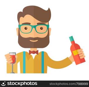 A young bartender preparing a mixed drinks at a bar, several bottles of alcohol and wine glass behind him. A Contemporary style. Vector flat design illustration isolated white background. Square layout.. Bartender at the bar holding a drinks.