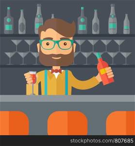 A young bartender preparing a mixed drinks at a bar, several bottles of alcohol and wine glass behind him. A contemporary style with pastel palette black tinted background. Vector flat design illustration. Square layout. . Bartender at the bar holding a drinks.