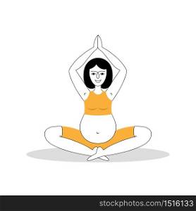A young beautiful pregnant woman meditates on the floor. Hand-drawn vector illustration of pregnant women practicing yoga.