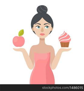 A young beautiful woman holding an Apple and a cake.The concept of choice.Beauty and health, beautiful slim body, diet.Overweight.Flat vector illustration.Isolated on a white background