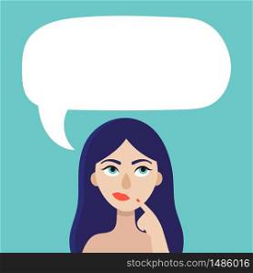 A young beautiful woman thinks.The speech bubble.Space for your text.Doubts, experiences, choices.Flat vector illustration on a blue background