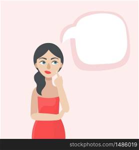 A young beautiful woman thinks.The speech bubble.Space for your text.Doubts, experiences, choices.Flat vector illustration on a pink background