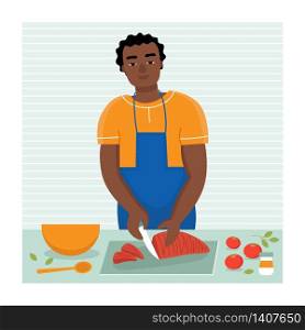 A young black african man cooks at home in the kitchen. Husband&rsquo;s household duties. Flat vector cartoon illustration.