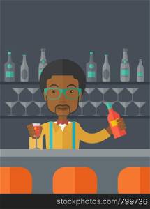 A young black bartender preparing a mixed drinks at a bar, several bottles of alcohol and wine glass behind him. A contemporary style with pastel palette black tinted background. Vector flat design illustration. Vertical layout.. African bartender at the bar holding a drinks.