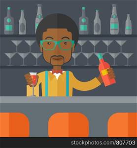 A young black bartender preparing a mixed drinks at a bar, several bottles of alcohol and wine glass behind him. A contemporary style with pastel palette black tinted background. Vector flat design illustration. Square layout.. African bartender at the bar holding a drinks.