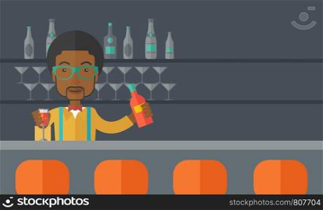 A young black bartender preparing a mixed drinks at a bar, several bottles of alcohol and wine glass behind him. A contemporary style with pastel palette black tinted background. Vector flat design illustration. Horizontal layout with text space in right side.. African bartender at the bar holding a drinks.