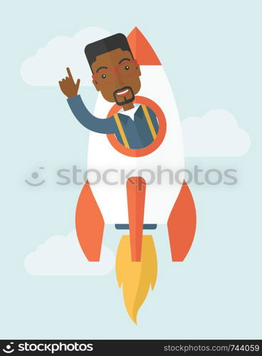 A Young black guy inside the rocket on launch of space. Startup concept. A Contemporary style with pastel palette, soft blue tinted background with desaturated clouds. Vector flat design illustration. Vertical layout. . Black young guy inside the rocket.