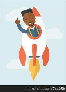 A Young black guy inside the rocket on launch of space. Startup concept. A Contemporary style with pastel palette, soft blue tinted background with desaturated clouds. Vector flat design illustration. Vertical layout. . Black young guy inside the rocket.