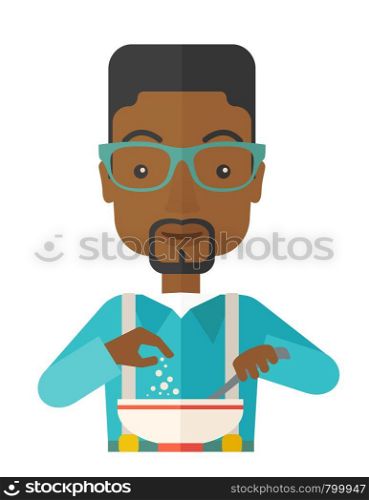 A Young black guy is happy eating salad for lunch. A Contemporary style. Vector flat design illustration isolated white background. Vertical layout. Young black guy is eating salad for lunch in the restaurant.