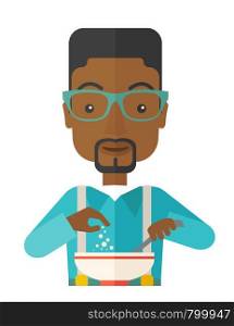 A Young black guy is happy eating salad for lunch. A Contemporary style. Vector flat design illustration isolated white background. Vertical layout. Young black guy is eating salad for lunch in the restaurant.