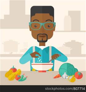 A Young black guy is happy eating salad for lunch with some vegetables on the table. A Contemporary style with pastel palette, soft beige tinted background. Vector flat design illustration. Square layout.. Young black guy is eating salad for lunch in the restaurant.