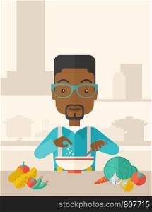 A Young black guy is happy eating salad for lunch with some vegetables on the table. A Contemporary style with pastel palette, soft beige tinted background. Vector flat design illustration. Vertical layout with text space on top part.. Young black guy is eating salad for lunch in the restaurant.