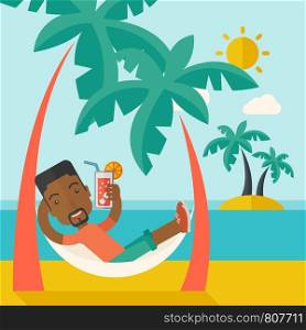 A young black guy on the beach relaxing and drinking cocktail under the heat of the sun with two coconut tree. A contemporary style with pastel palette blue tinted background with desaturated clouds. Vector flat design illustration. Square layout. . Young black man on th beach relaxing and drinking cocktail.