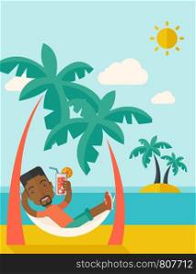 A young black guy on the beach relaxing and drinking cocktail under the heat of the sun with two coconut tree. A contemporary style with pastel palette blue tinted background with desaturated clouds. Vector flat design illustration. Vertical layout with text space on top part.. Young black man on th beach relaxing and drinking cocktail.